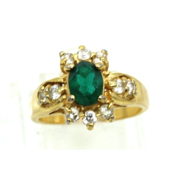 GOLD ELECTROPLATED & emerald green, clear CZ's cluster ring, sz 8 designer sign - Picture 2 of 7